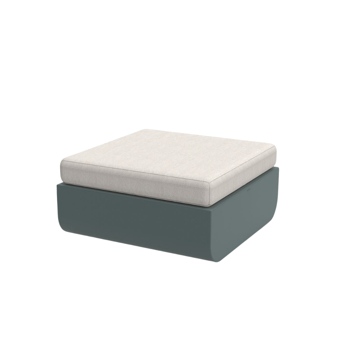 Vondom Ulm outdoor ottoman in Petrol Green with white cushion, angled view