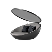 Vondom Ulm round outdoor daybed with folding disc canopy in Black, open, with grey cushion and black pillows