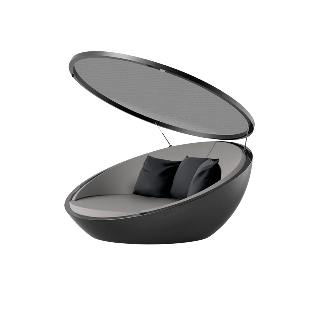 Vondom Ulm round outdoor daybed with folding disc canopy in Black, open, with grey cushion and black pillows