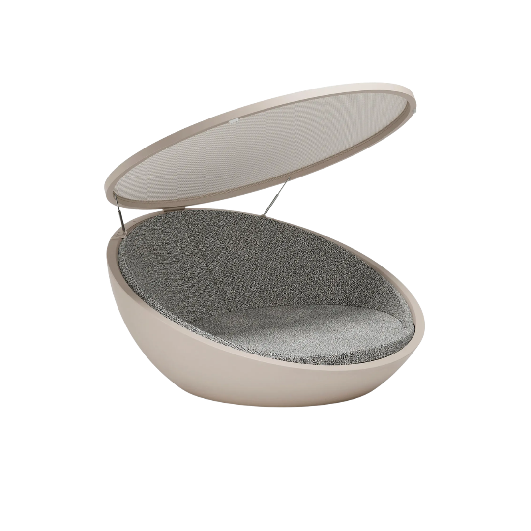 Vondom Ulm round outdoor daybed with folding disc canopy in Ecru, open, with grey bouclé cushion