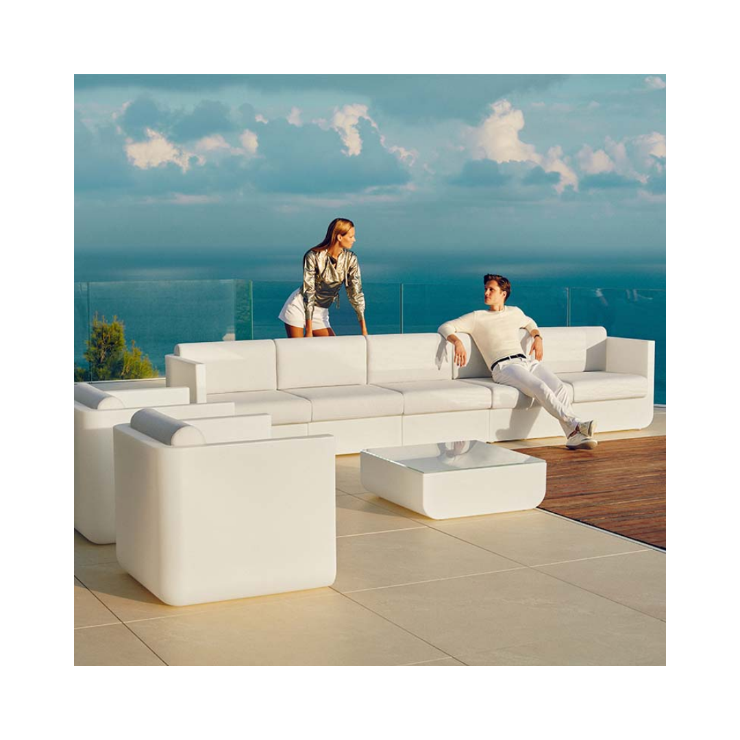 Vondom Ulm modular sofa set in White on a rooftop terrace overlooking the sea