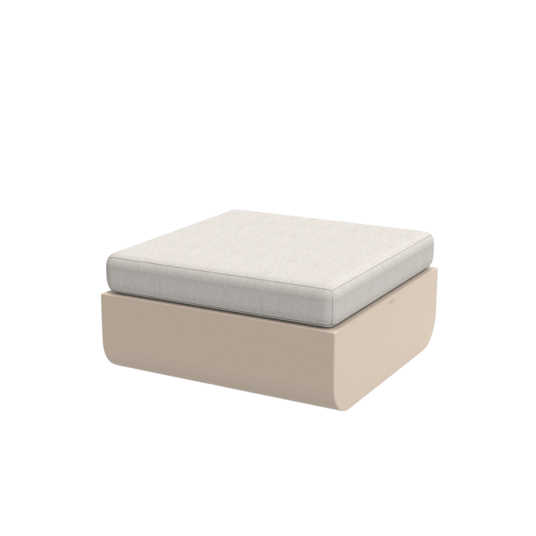 Vondom Ulm outdoor ottoman in Cream with white cushion, angled view