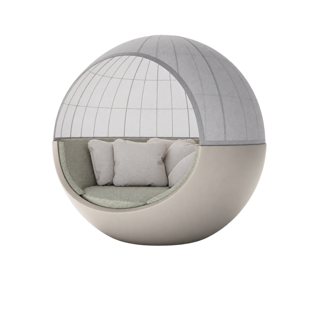 Vondom Ulm Moon spherical outdoor daybed with fabric sunroof in White and sage green cushion