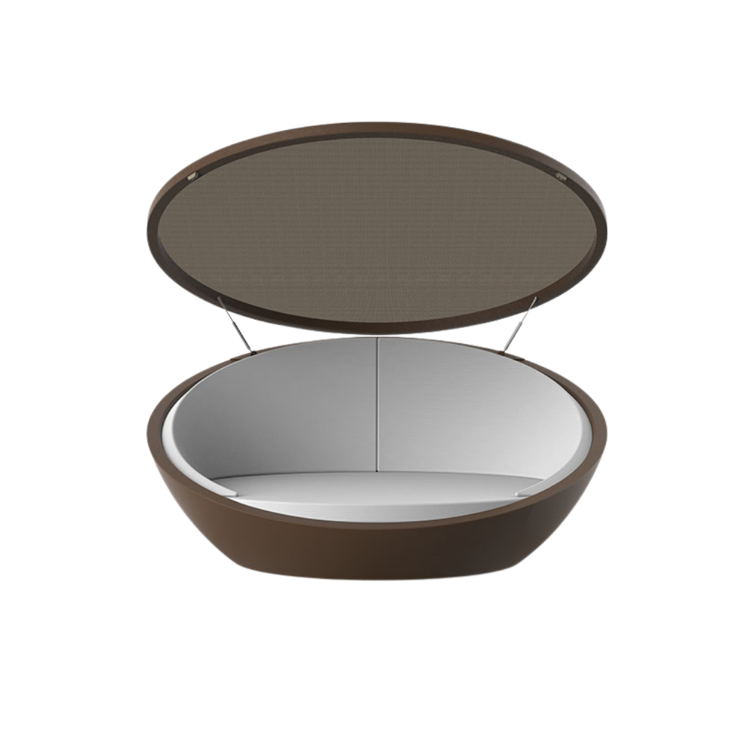 Vondom Ulm round outdoor daybed with folding disc canopy in Dark Brown, open, with white cushion