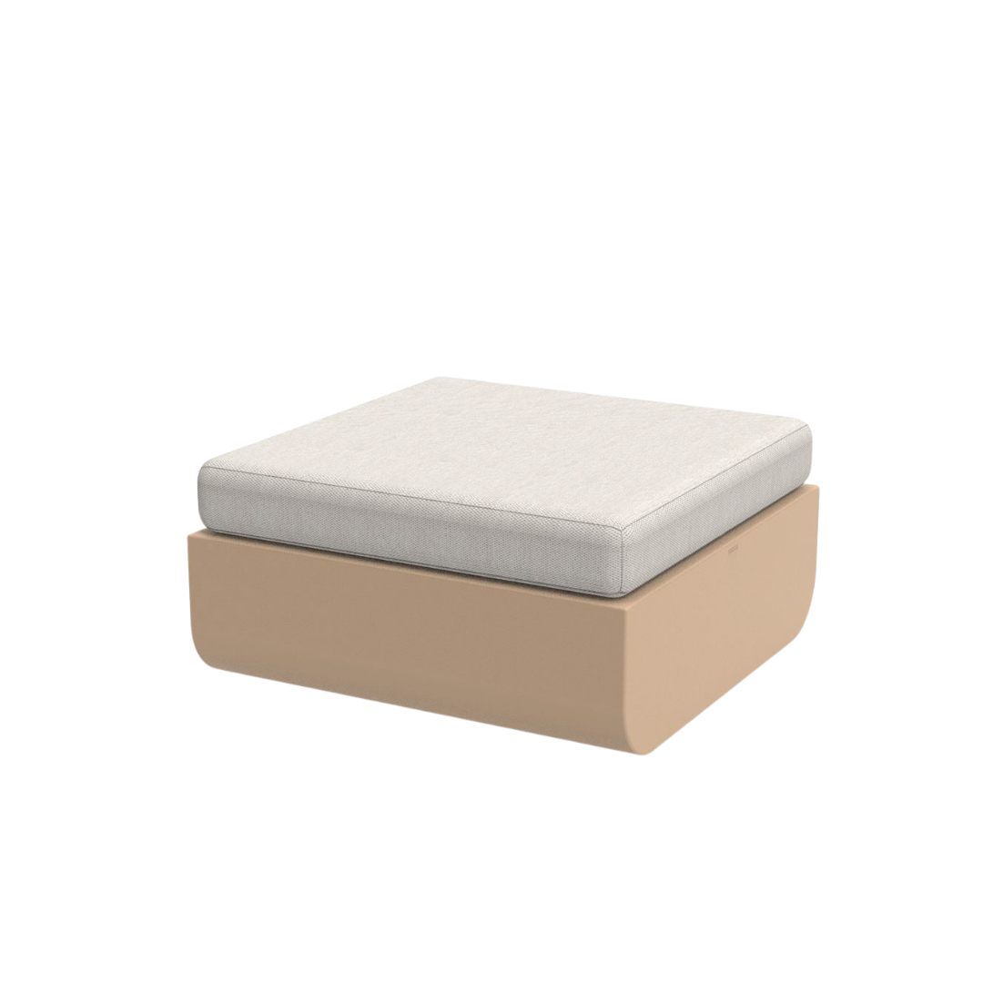 Vondom Ulm outdoor ottoman in Camel with white cushion, angled view
