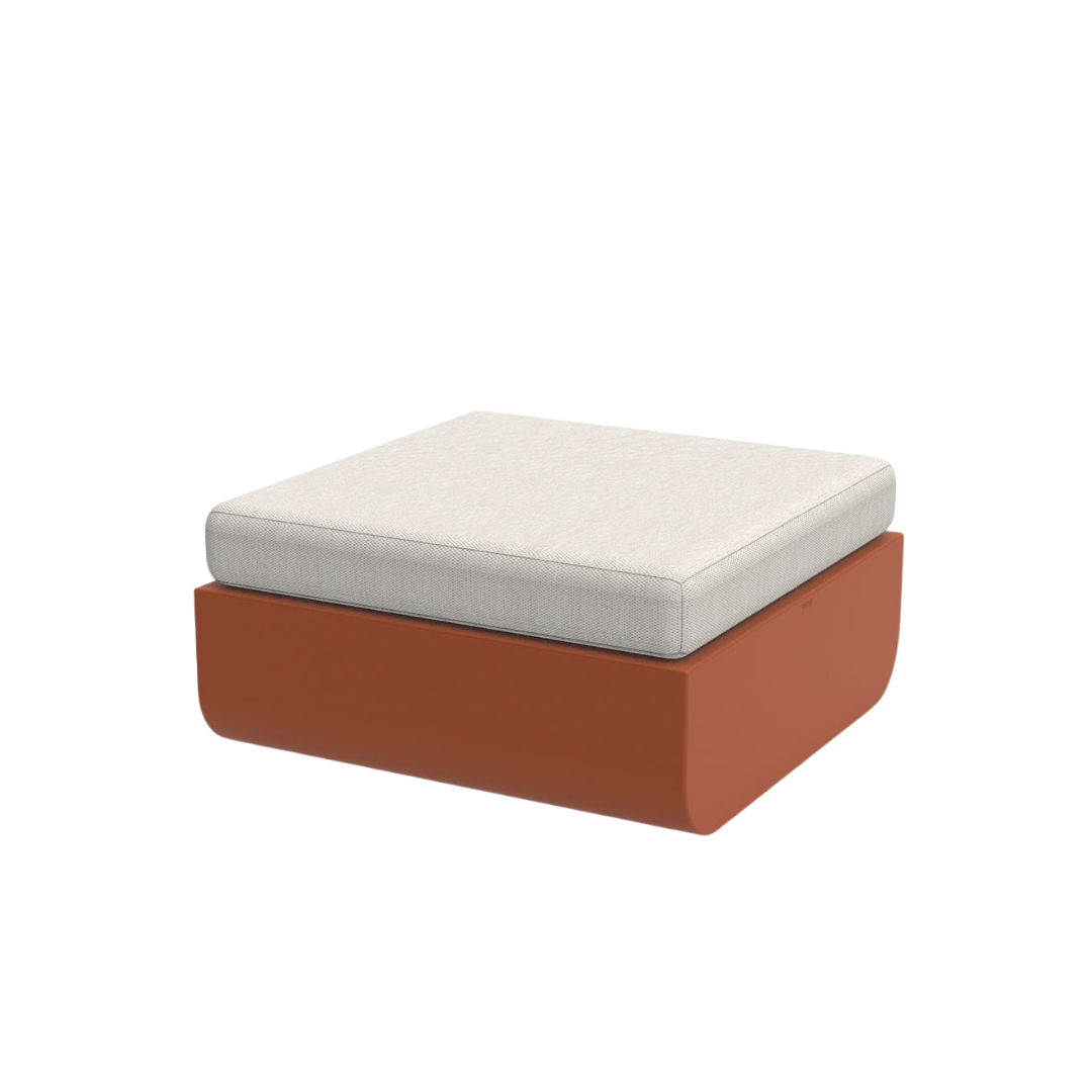 Vondom Ulm outdoor ottoman in Clay with white cushion, angled view