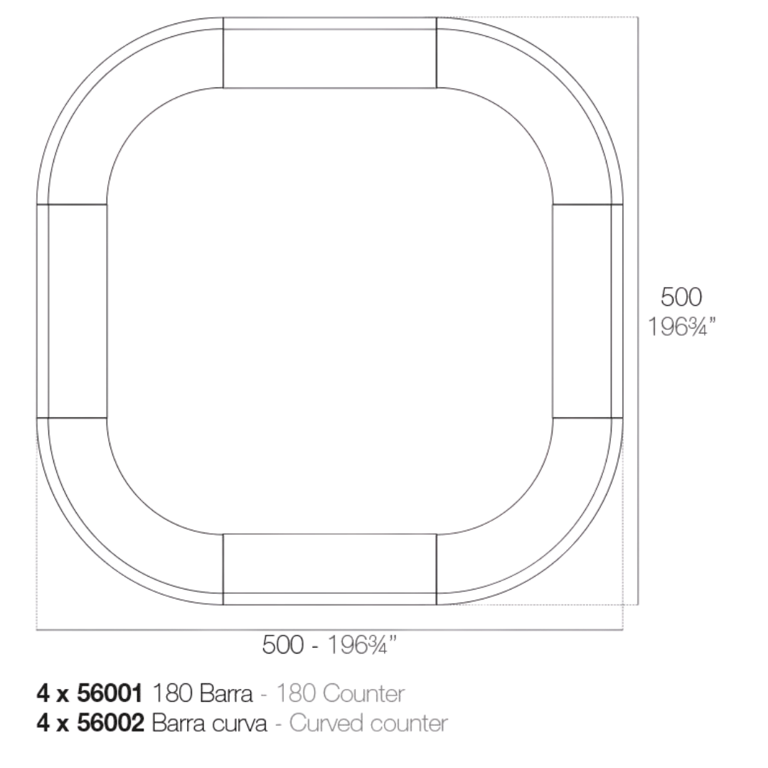 Vondom Fiesta bar counter configuration diagram – square layout, 500 x 500 cm