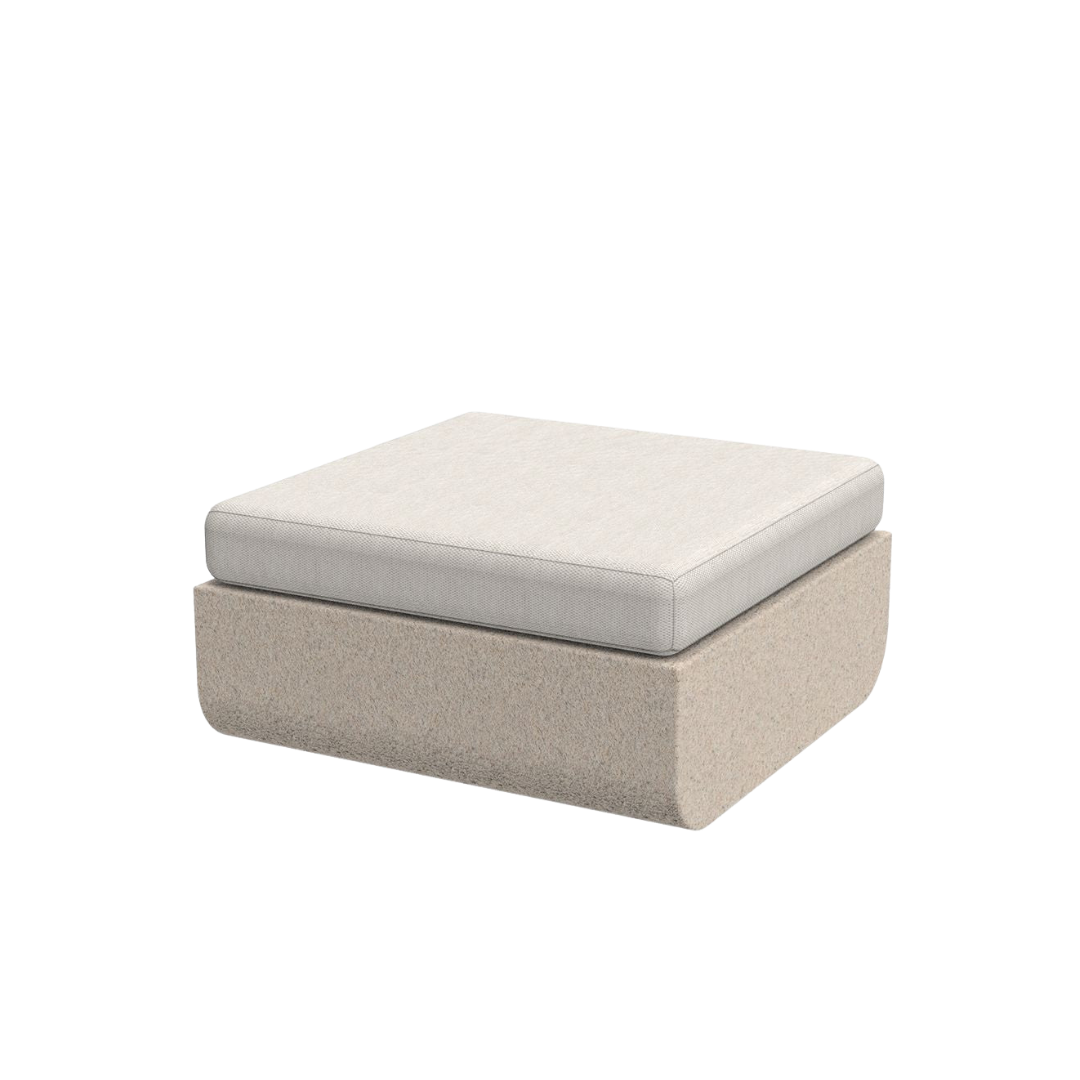 Vondom Ulm outdoor ottoman in Ecru with white cushion, angled view