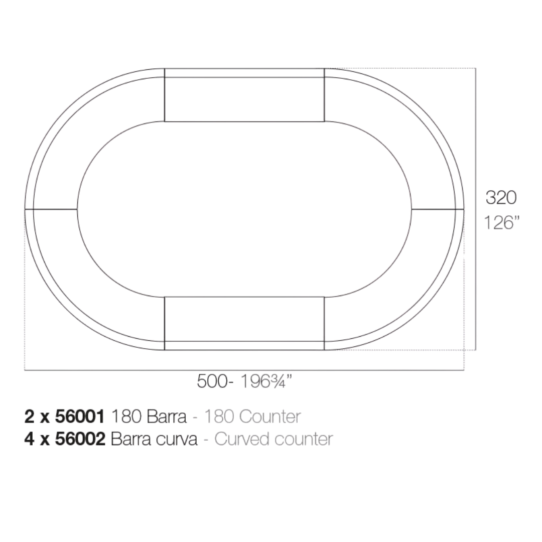 Vondom Fiesta bar counter configuration diagram – oval layout, 500 x 320 cm
